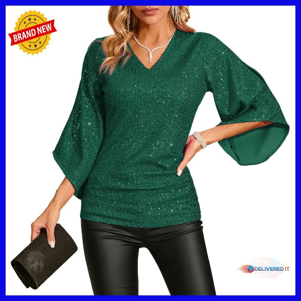 Sequin 3/4 Sleeve V-Neck Blouse Sparkly Party Top Slim Fit